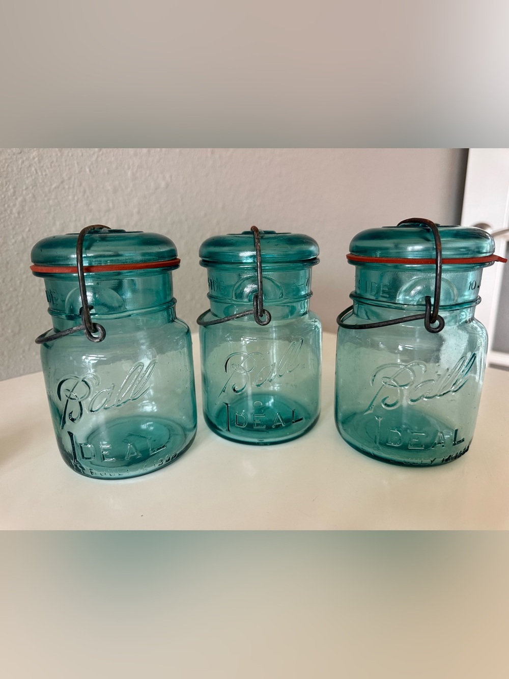 Vintage Ball® Aqua Glass Canister with Wire Bail Lid Set of 3